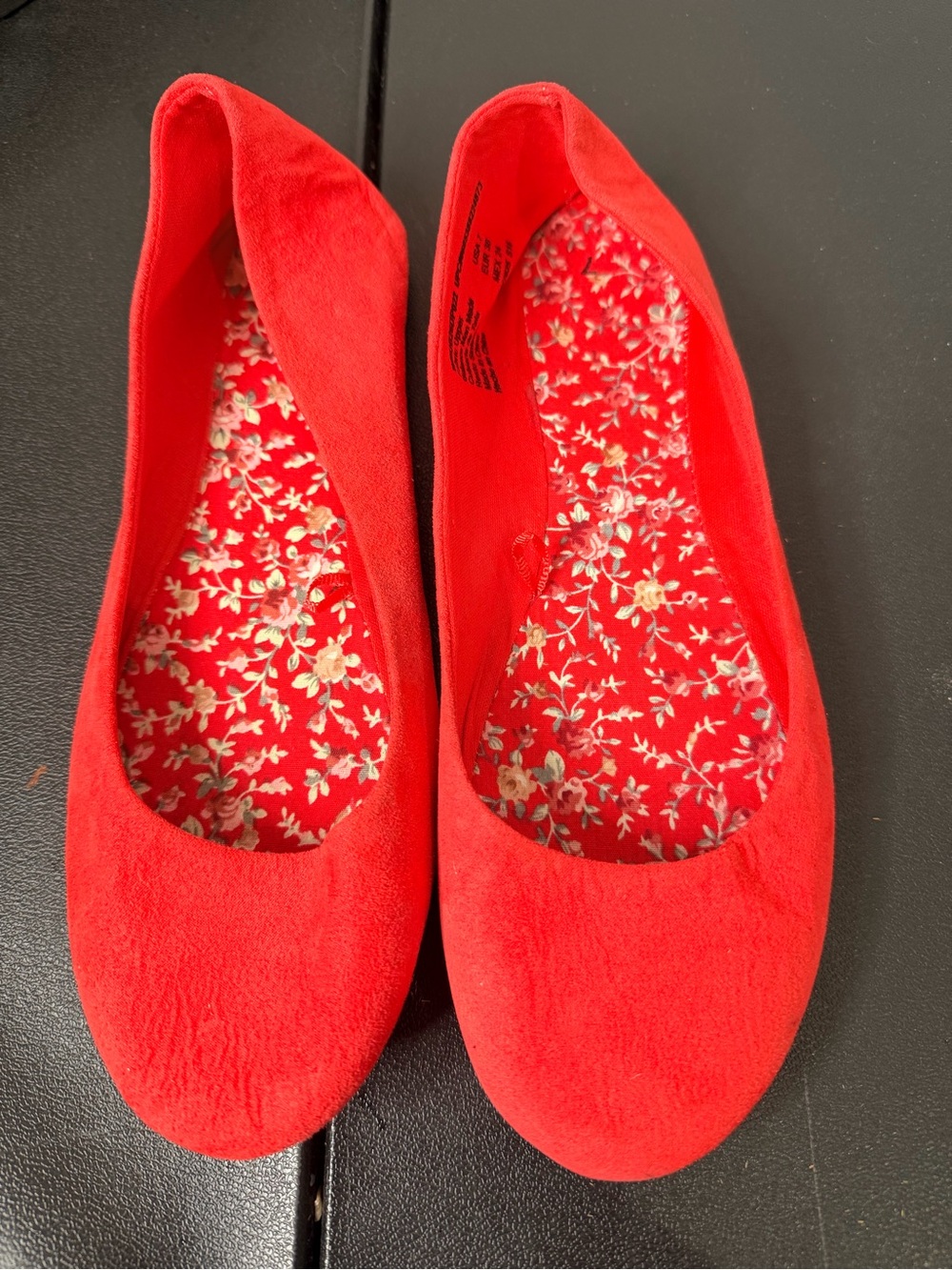 Women's Red Suede Ballet Flats with Floral Insole